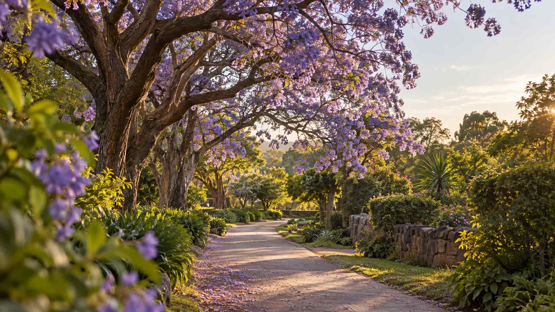 Jacaranda trees in purple bloom over a quiet garden path in warm golden-hour light, with a low stone wall and green shrubs