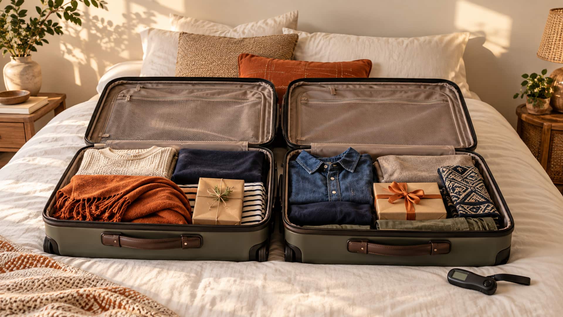 Two open suitcases on a bed packed with folded clothes and wrapped gifts, with a small handheld luggage scale beside them