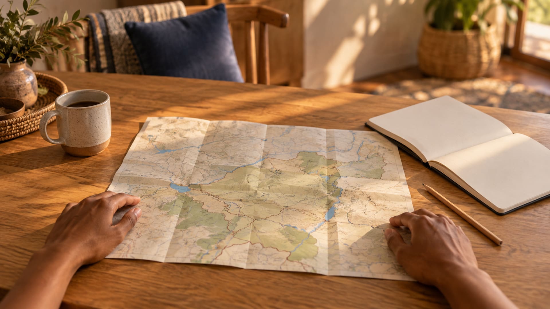 Two hands resting on a folded paper map on a wooden table, with a notebook, pencil and coffee mug in warm window light